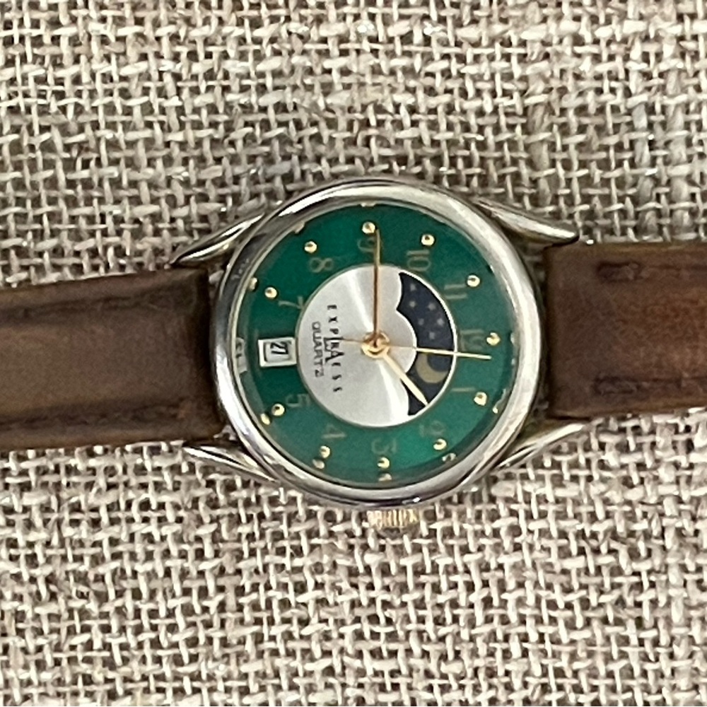 Vintage LA Express Celestial Face Wristwatch Brown Leather Band Woman's